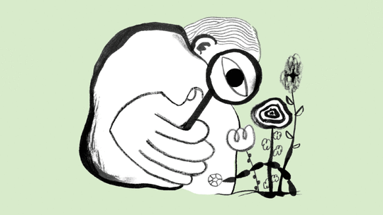 Illustration of a person viewing some flowers with a magnifying glass