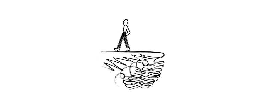 A drawing of a person walking away from the edge of a cliff.