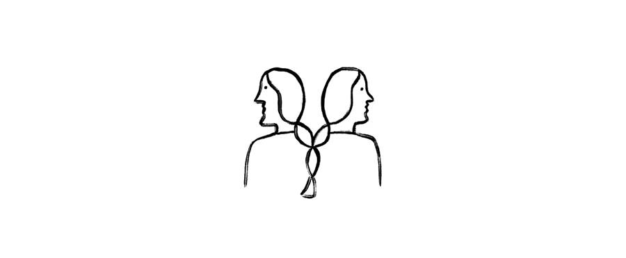 A drawing of two people in profile with their hair braided together.