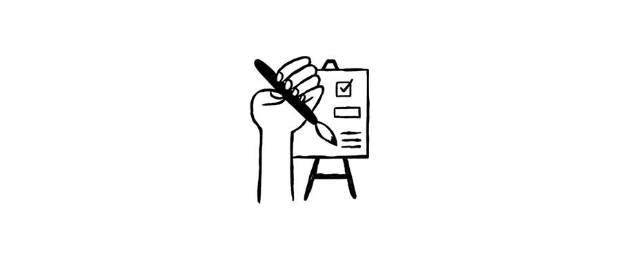 A drawing of a hand holding a paintbrush and checking off some boxes on a checklist.