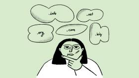 A woman thinking with thought bubbles that say ".info", ".net", ".org", ".com", and ".biz"
