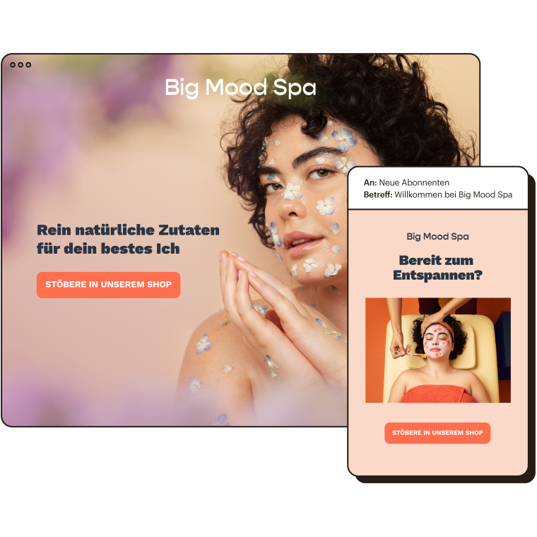 Der Onlineshop von Big Mood Spa neben einer beispielhaften E‑Mail-Automatisierung für neue Abonnenten.