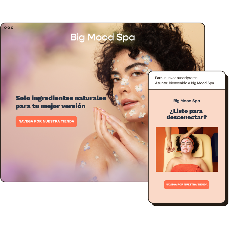 Tienda online de Big Mood Spa, que aparece junto a un ejemplo de automatización de correo electrónico enviado a los nuevos suscriptores.