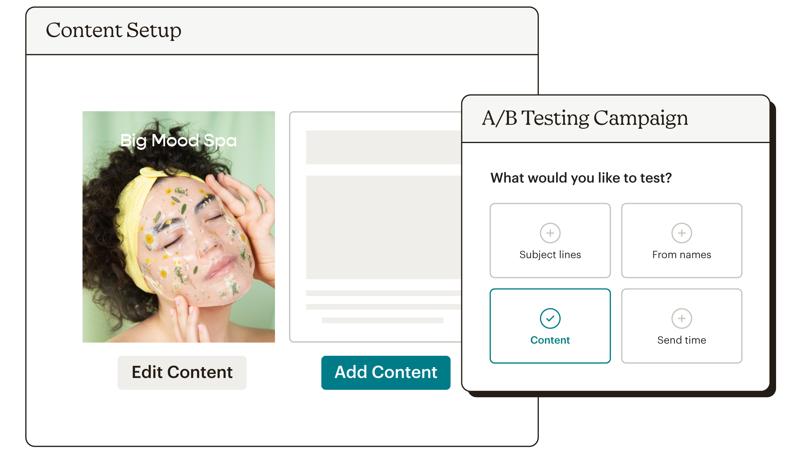 A/B testing campaign testing two content pieces. Example of 1 content piece and the 2nd content piece ready for content.