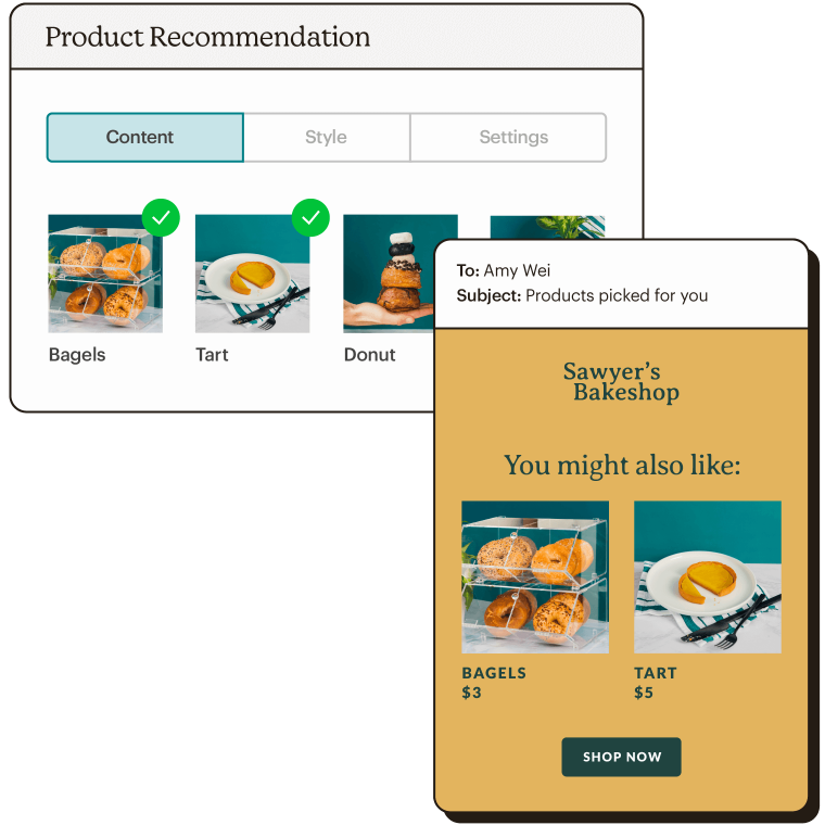 Product recommendation options with email showing selected product recommendations.