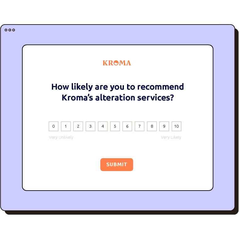 Survey question asking "How likely are you to recommend Kroma's alteration services?" with a scale from 1 to 10.