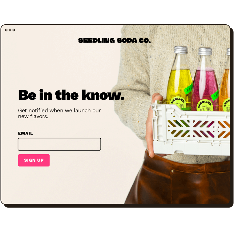 A landing page for Seedling Soda and a signup form with the text, "Be in the know".