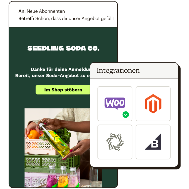 Beispielhafte E‑Mail-Automatisierung, die an neue Abonnenten gesendet wird, sowie vier mögliche E‑Commerce-Integrationen.