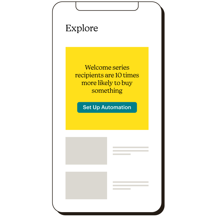 Mailchimp mobile view of the explore tab where it shows a tip about automations.