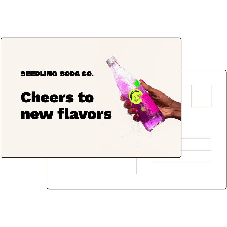 Front of postcard with photo and headline that reads "Cheers to new flavors".