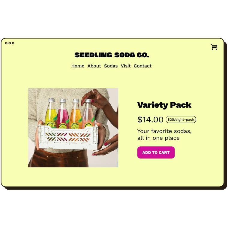 Product detail page showing Variety Pack of soda for $14.