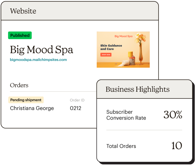 Example of a store’s dashboard next to a couple of positive performance metrics—30% subscriber conversion rate, and 10 total orders.
