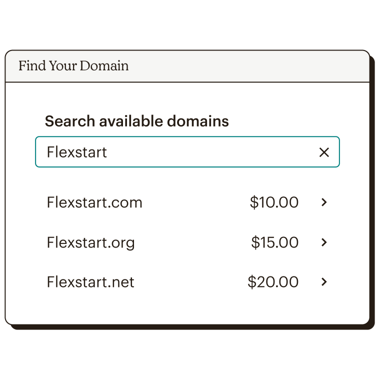 Abstract UI that shows typing in a domain name into a search bar and seeing a list of available domains and extensions that are available to buy