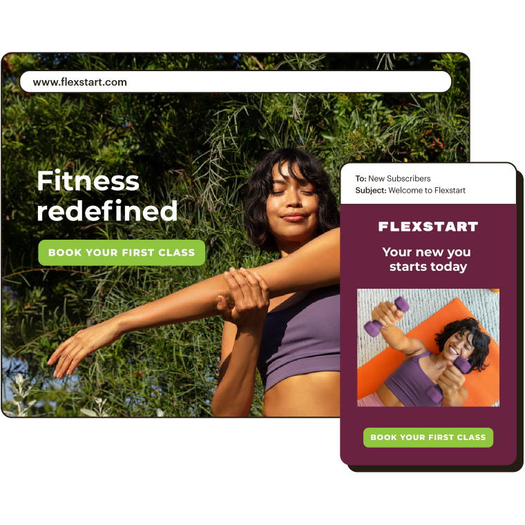 Abstract UI of flexstart.com with an example email showing how to build your audience with a campaign.
