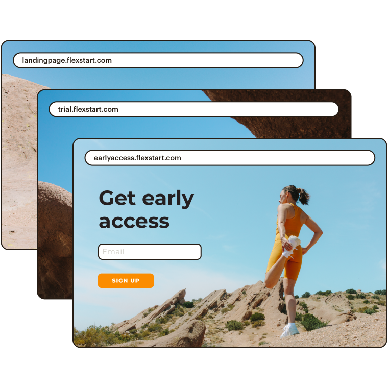 Examples of landing pages created with a custom domain, including trail.flexstart.com and earlyaccess.flexstart.com
