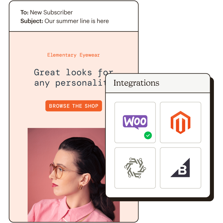 Integrations Abstract UI featuring Elementary Eyewear fake brand