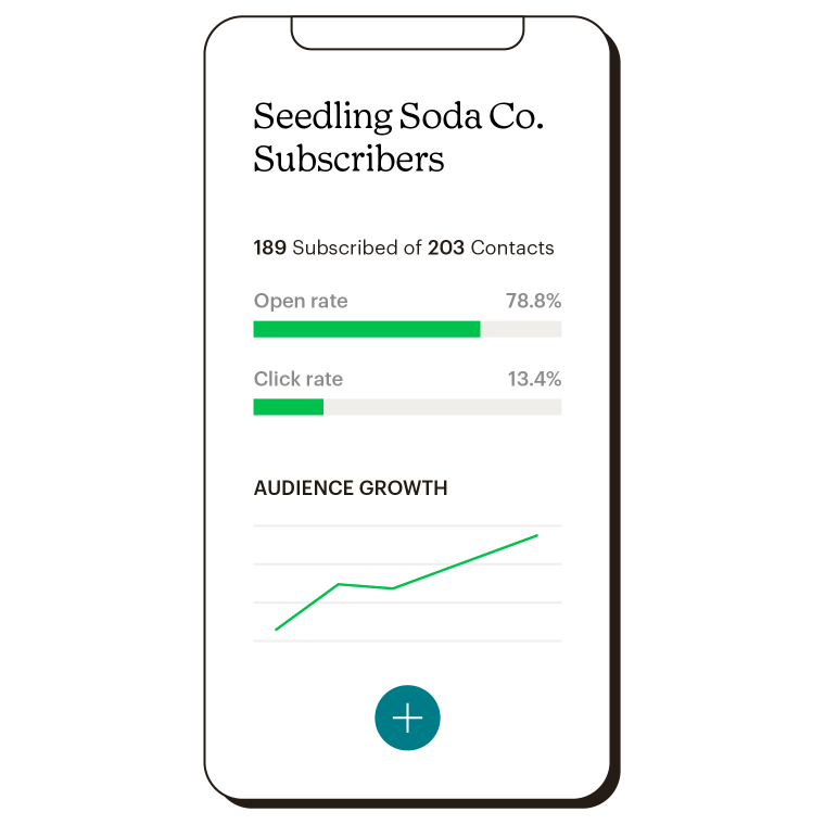 Mobile dashboard view showing the Seedling Soda Co. subscriber data like open rate, click rate and audience growth.