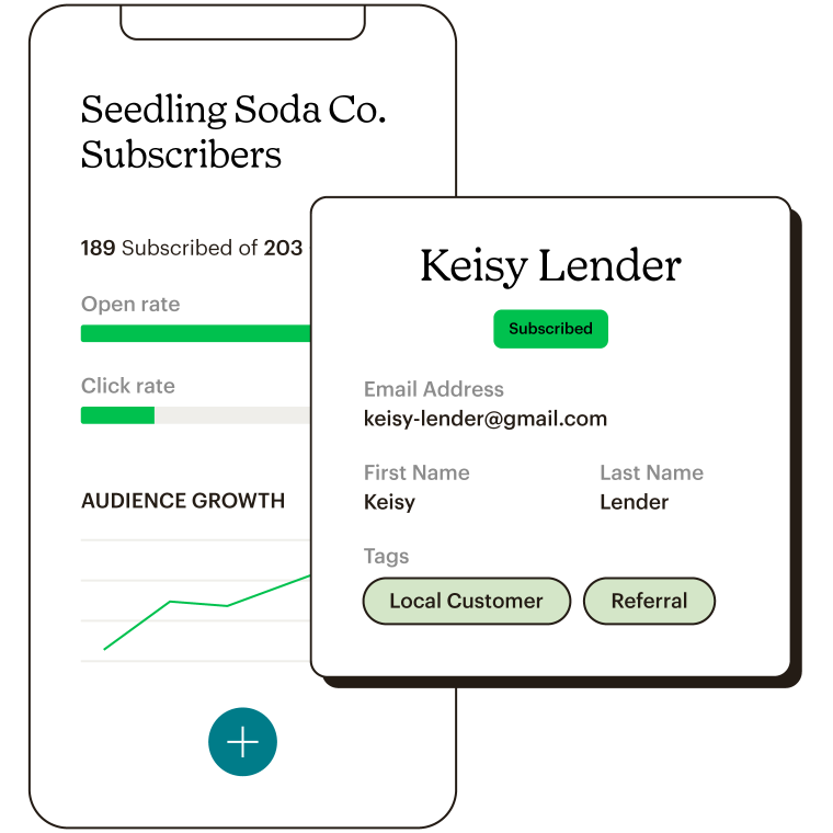 Mailchimp mobile app showing subscribers dashboard and highlight of a contacts profile with contact information and tags.