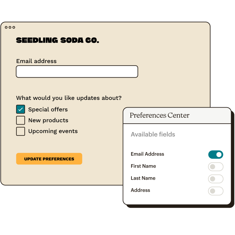 Example of form used to collect data. Preferences center showing which fields are toggled on and which fields are toggled off.