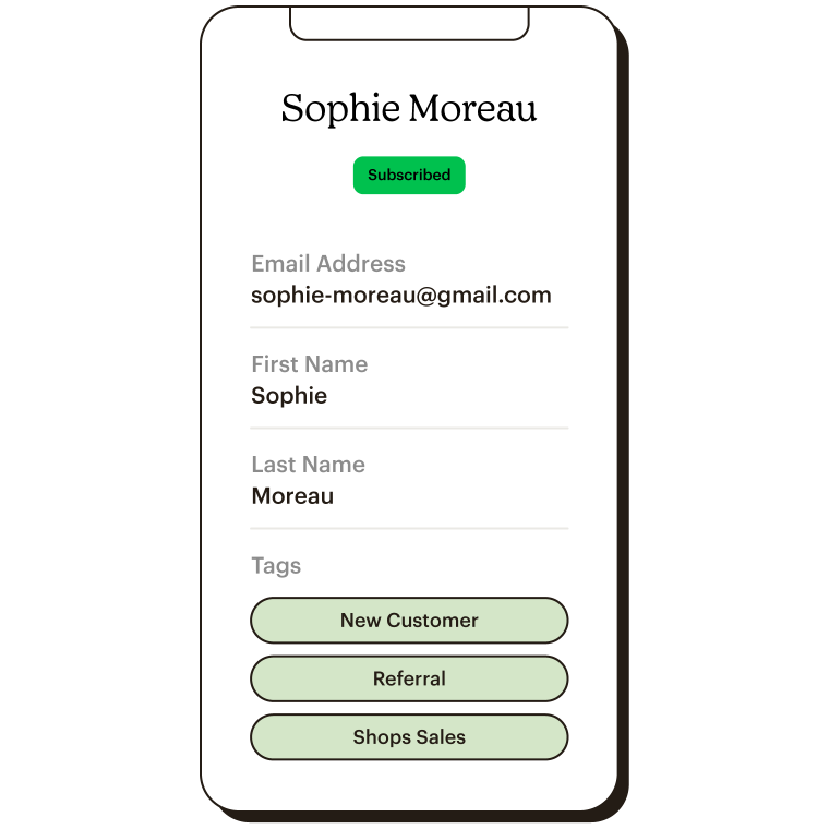 Mobile view of Sophie Moreau's profile with contact information and tags.