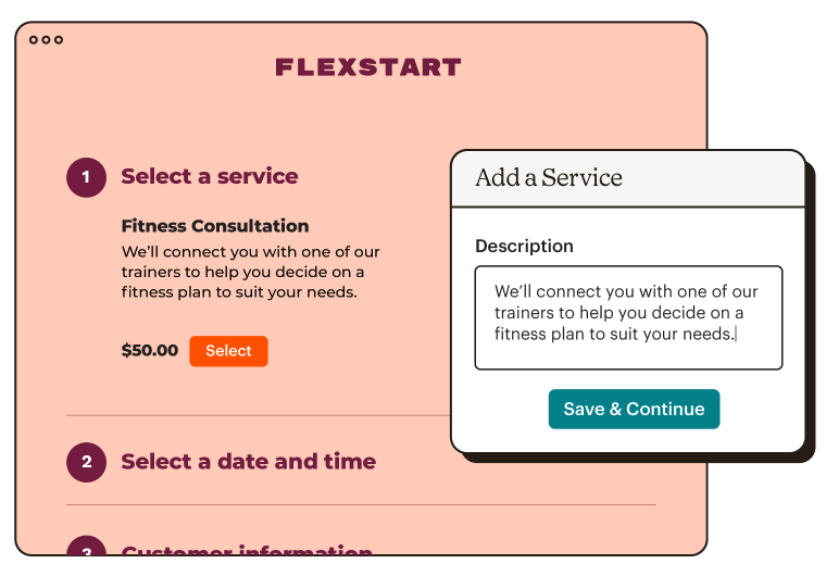 Abstract UI of a fitness consultation service being added to a website for a business called Flexstart