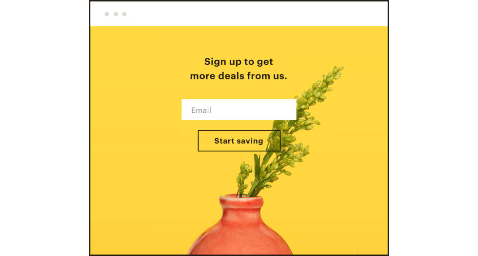 Landing page that says "Sign up to get more deals from us."