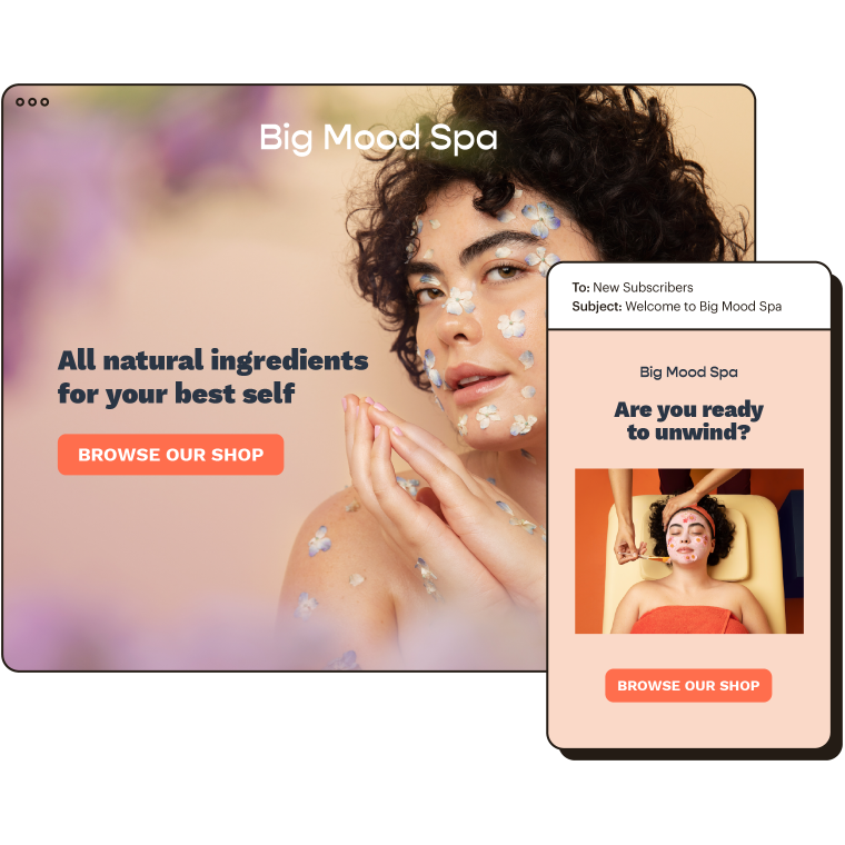 Big Mood Spa’s online store, shown beside an example of an email automation sent to new subscribers.