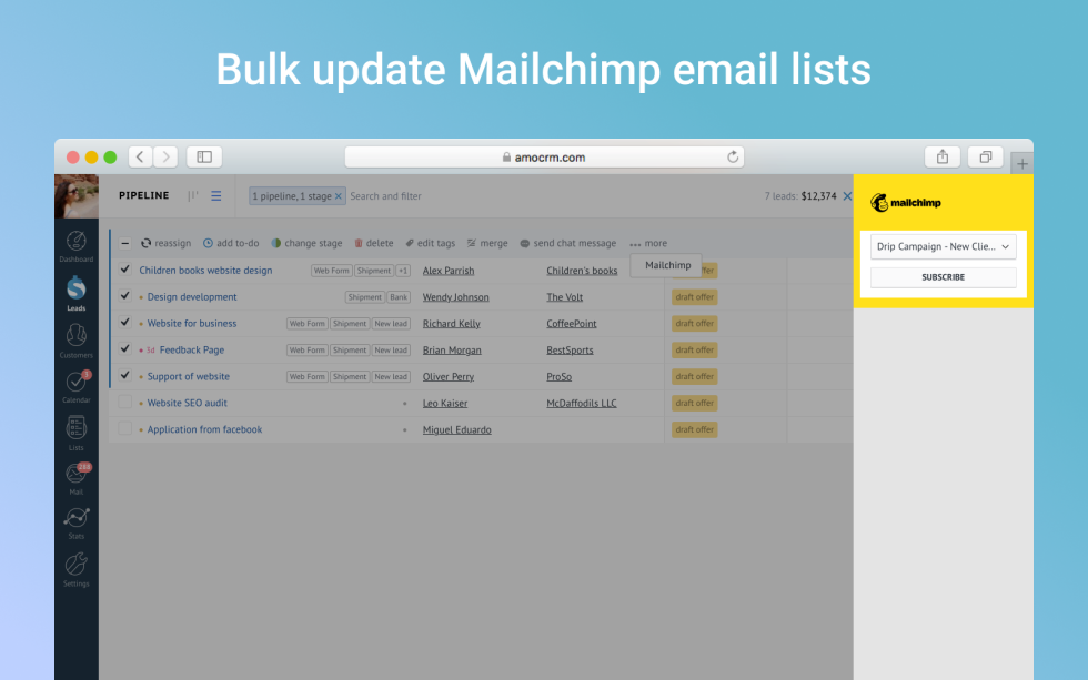 Image of option to bulk update a list with the text Bulk Update Mailchimp email lists