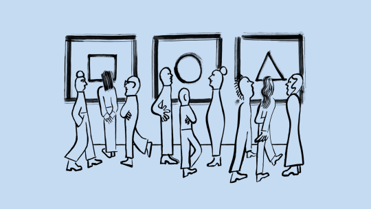 Illustration of people looking at art