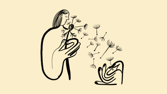 Illustration of woman blowing the petals off a dandelion