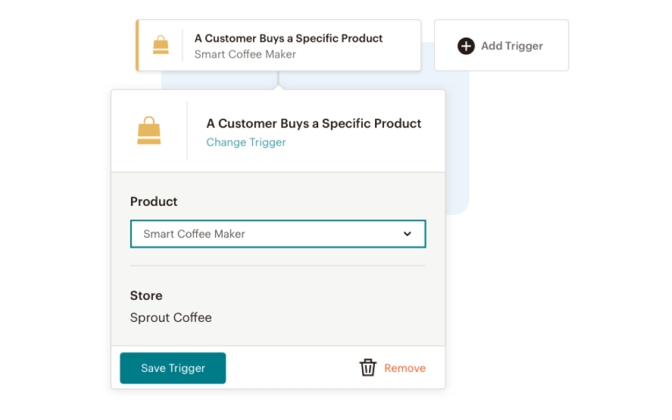 Screenshot of Customer Journey Builder showing an automation Starting Point labeled as “A customer buys a product” with the call-to-action button of “Save Trigger.”
