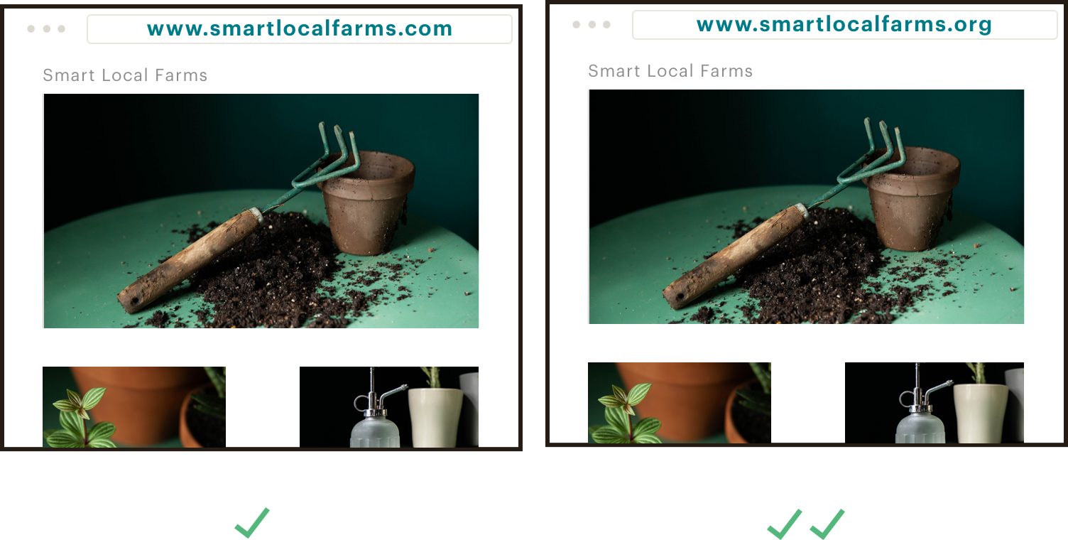 Get the best extension for your brand. Still images that highlight 2 domain options for a nonprofit's website. The image on the left shows the good option: www.smartlocalfarms.com. The image on the left shows a better option: www.smartlocalfarms.org.