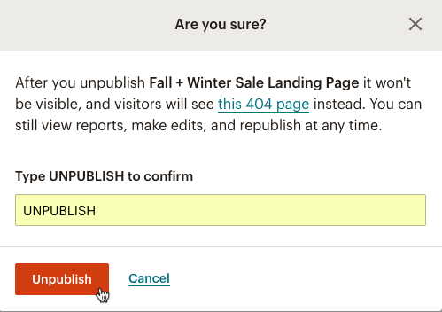 Unpublish modal with the cursor clicking Unpublish.