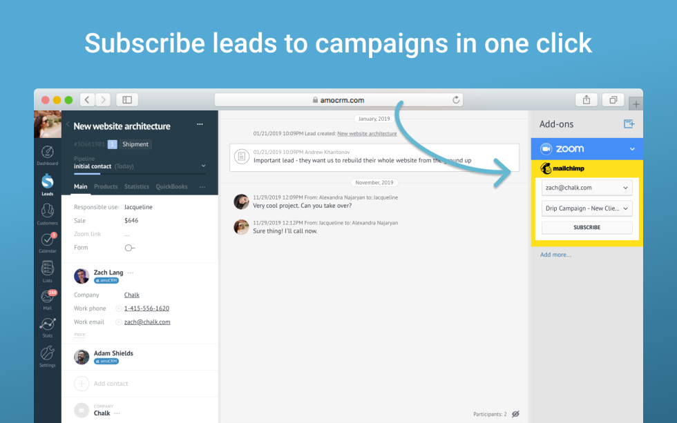Image subscribing lead options in campaigns with the text Subscribe leads to campaigns in one click. 