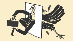 Illustration of businessman transforming into bird through a wall